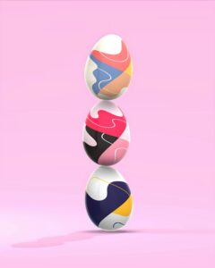 Three patterned egg types shapes stacked one on top of the other. For Easter Events in Kent 2024 - three easter eggs on top of each other choong-deng-xiang-unsplash(1)