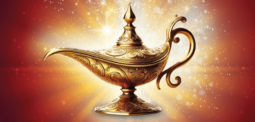 On a red background a golden genie lamp with golden rays coming out of it. For Pantomime in Kent 2024 and Aladdin at Tower Theatre in Folkestone in Kent