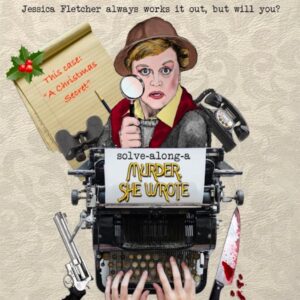 Drawing of a woman in a brown adventurer's hat with a magnifying glass and a typewriter with the show details on a piece of paper in it. For Solve-Along-A-Murder-She-Wrote at Folkestone Quarterhouse for Theatre shows In Folkestone and events for Christmas in Kent