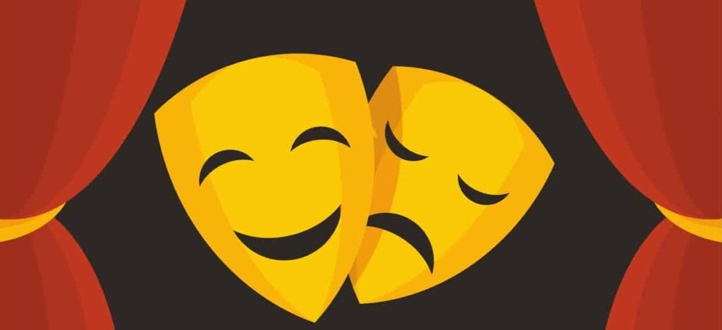 Graphic of the theatre masks one with happy face one sad with red curtains around for Pantomimes in Kent feature 2025-6