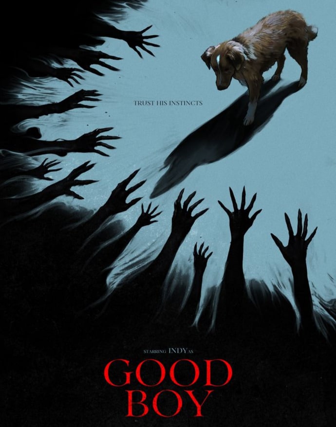 A brown dog with graphics of a swam of black hands reaching towards it for New film releases for cinemas in Kent and Good Boy from Vertigo Releasing