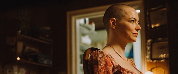 Woman with a shaved head for new film releases for cinemas in Kent and Bugonia from Universal Pictures