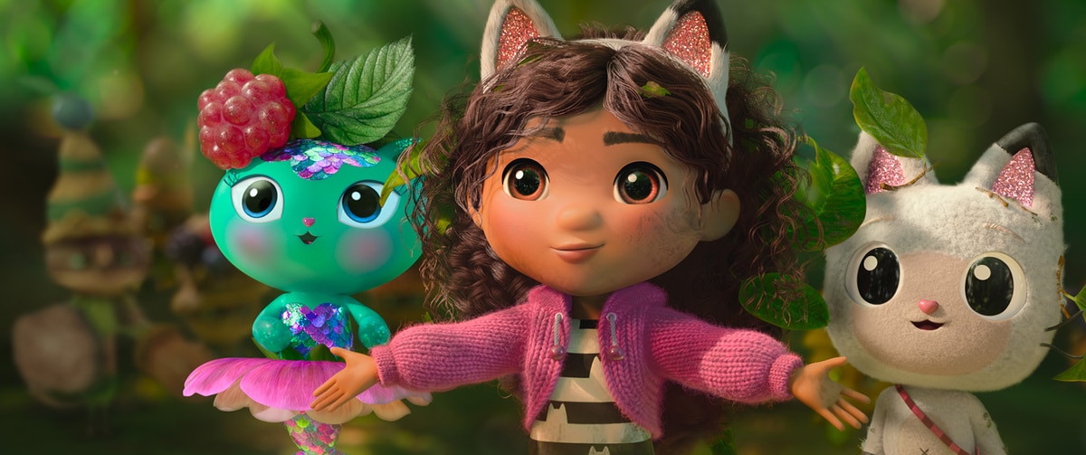 Still of an animated part with a young girl character and two other cat like ones for the new film releases feature for cinemas in Kent and Gabby's Dollhouse The Movie from Universal Pictures