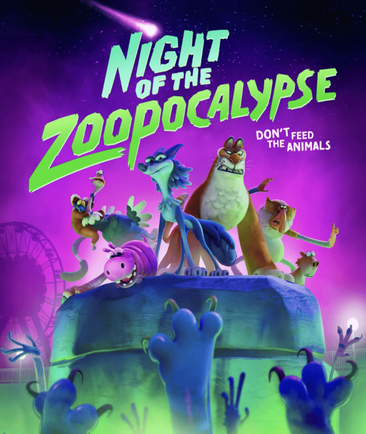 Graphics of animals on a big boulder with paws and claws below for new film releases for cinemas in Kent and Night of the Zoopocalypse from Kazoo Films