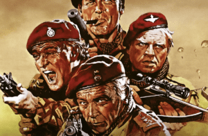 Graphic of four men three holding guns with red berets for The Wild Geese movie from Munro Film