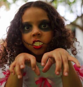 Young girl made up as a scary Halloween character for the feature Halloween-Themed Family Fun in Kent on www.seekent.co.uk