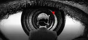 Sketch of the back of a man in front of a giant eye for the New film releases in Kent guide - Orwell: 2 + 2 = 5